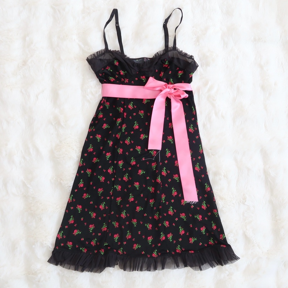 Victoria's Secret Y2K Black Pink Floral Ruffle Mini Dress  / Coquette Aesthetic